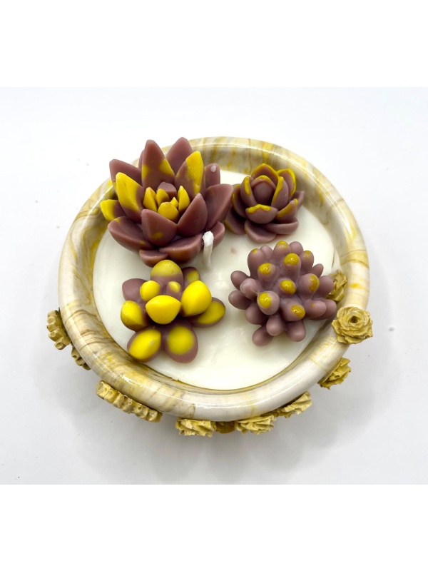 Vela decorativa em jesmonite e cera de soja perfumada com suculentas