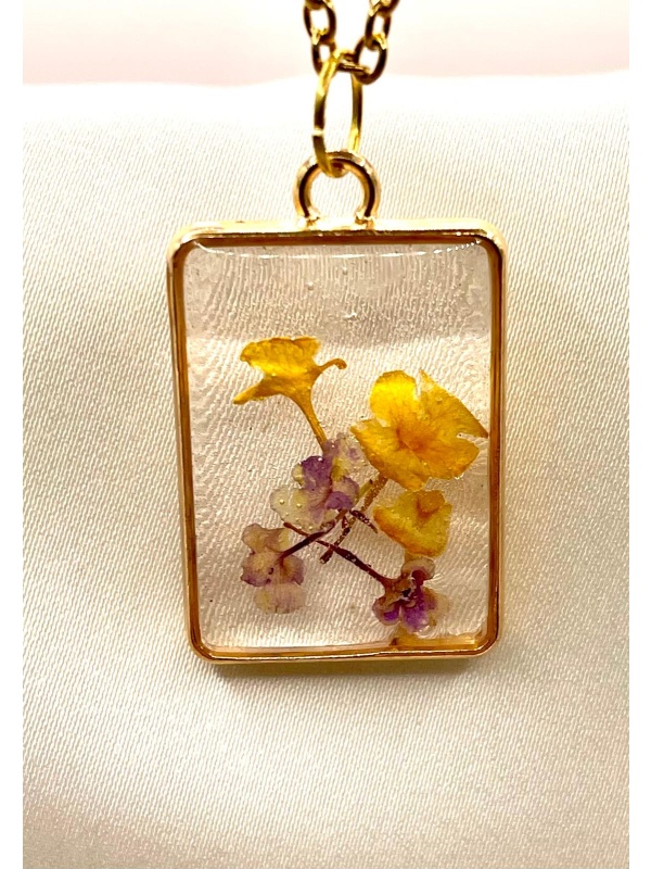 Pendente retangular em resina com flor de lantana